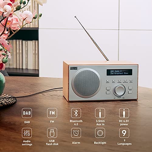Radio Dab+ FM Bluetooth Bois Secteur - August MB420 Radio numérique Terrestre Dab Plus MP3 Lecteur clé USB, Digital et Analogique - HiFi Filaire Réveil Prise écouteur 3.5mm Ecran Design Scandinave