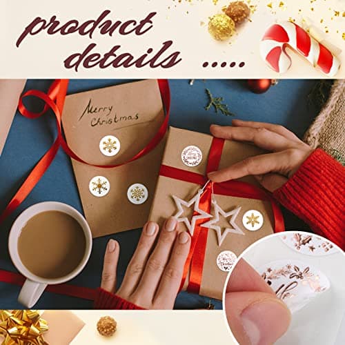 1000PCS Étiquettes Autocollantes Noël Rouleau Sticker Flocon de Neige Merry Christmas Bricolage Décoration Noël Maison Enveloppe Cadeau Cartes de Vœux Scrapbooking Motif pour Noël (Rose et Or)