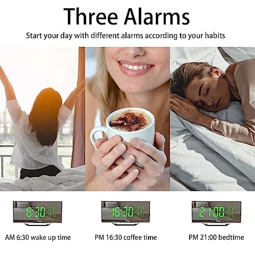 Derkiewn Réveil numérique, Grand écran LED de 6,5 Pouces, réveil de Chevet avec température et humidité, Horloge Miroir avec 3 réveils, luminosité réglable, Sieste, Alimentato USB (Vert)
