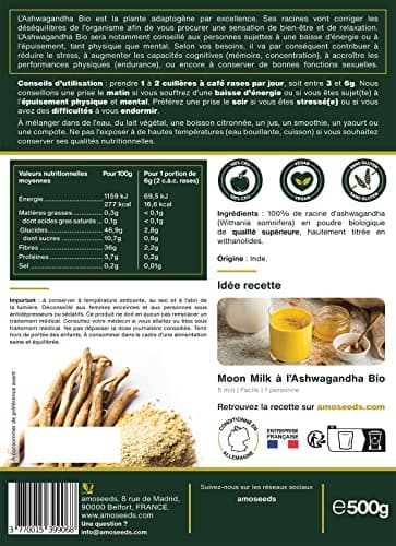 Ashwagandha en Poudre Bio 500G | Ginseng Indien | Stress, Sommeil, Adaptogène | Poudre de Racine 100% Pure d'Ashwagandha (Withania Somnifera) Biologique (Ginseng indien), Qualité Supérieure