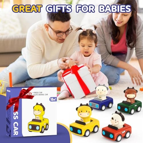 MOONTOY Petite Voiture Enfant 1 2 3 Ans,Lot de 4 Voiture Jouet Bebe 1 an,Jouets Friction Véhicules,Animaux Mignons Camion Jouet,Jeux Éducatifs idee Cadeau pour 9 12 18 24 Mois Garçons Filles