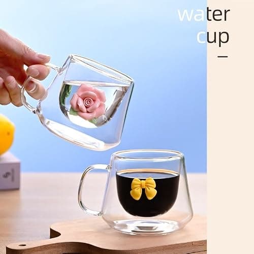 Bafnsiji 2pcs Tasses à café en Verre, Tasse de Verres Cappuccino Latte Macchiato, Tasses de Verres à café à Fleur à Double paroi, Tasses de Verres à Latte isolés, 200ml