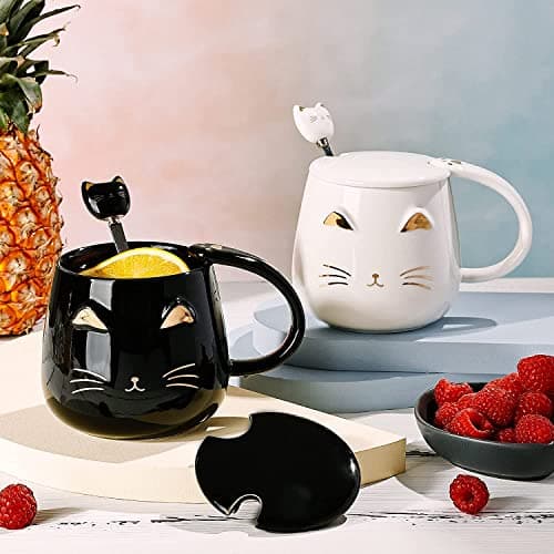 Sevitini Tasse de chat, Tasse a cafe avec cuillère y couvercle, céramique kawaii Mug avec chat, 450ml, Tasses à café, pour les amateurs de chatons,Cadeau de Noël ou d'anniversaire (Noir)