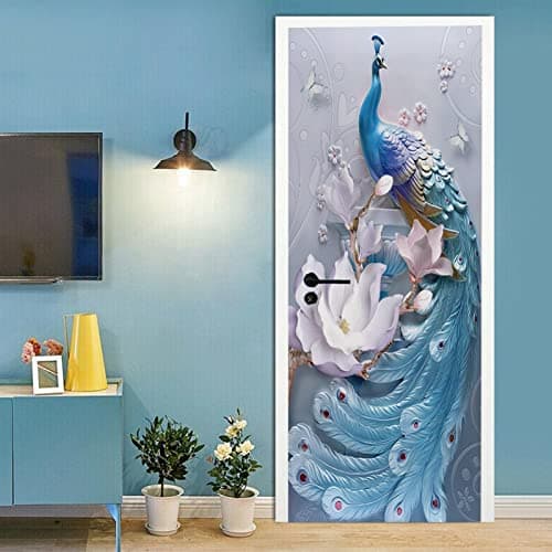A.Monamour Sticker Porte Autocollant Poster De Porte 3D Décoration Intérieure De Paon Bleu Et Fleurs Papillon Vinyle Affiche De Porte Sticker Mural Papier Peint Art Décor 90 x 200 cm