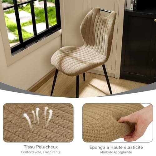 JIJIAN Lot de 4 Chaises de Salle à Manger, Chaise de Cuisine, Chaise tapissée, Chaise de Salon, Dossier en Tissu et Pieds en Métal, Kaki