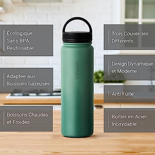VINSUN Gourde Isotherme 1l - Gourde Inox avec Paille (3 Bouchons) - Étanche, sans BPA, Reutilisable - Bouteille d'eau Isotherme pour Sport, Randonnée, École, Bureau