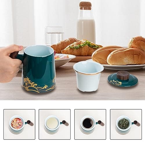 DISDADA Cup Tasse À Thé En Céramique Avec Infuseur et Couvercle Pour Infuser All-in-One Idéale Pour Café ou Feuilles de Thé, Pour la Maison ou le Bureau (Color : Vagues vertes foncées)