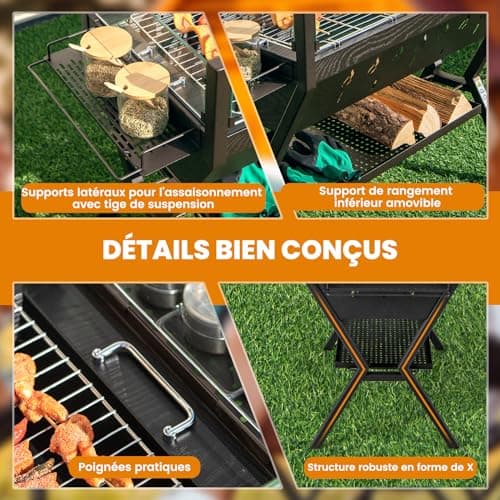GOPLUS Barbecue à Charbon de Bois avec Verre Coupe-vent, Grille à Griller, BBQ Grill avec Supports d'Assaisonnement et Étagère de Rangement pour Pique-Nique, Jardin, Camping, 98 x 42 x 68 cm