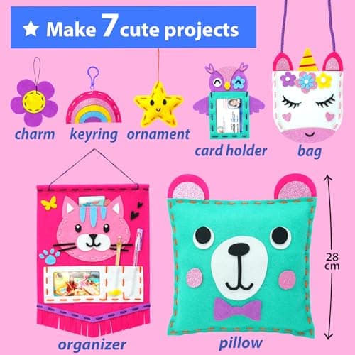 KRAFUN Mon Premier kit de Couture pour Enfants - Arts et Artisanat pour débutants - Comprend 6 projets faciles - Poupées et oreillers - Instructions et Feutre pour Apprendre à Coudre, à Broder