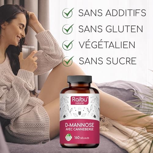D-Mannose Raibu - Pur 2100 mg par Dose Quotidienne Fortement Dosée - 160 gélules, avec canneberge et vitamine C - D Mannose Végan, sans additifs & hautement biodisponible - Testé en laboratoire