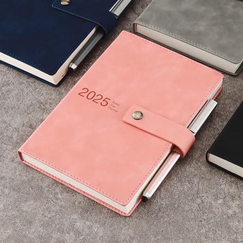Agenda académique journalier 2025 de janvier 2025 à décembre 2025 avec couverture rigide et stylo, marque-page, onglets mensuels, autocollants et poche intérieure (rose) Format A5