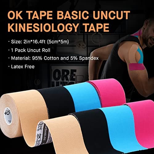 OK TAPE Ruban de Kinésiologie, ruban athlétique élastique en coton original de base pour le soutien et la récupération, sportif thérapeutique pour soulager la douleur, 5cm x 5m non-coupé,Noir