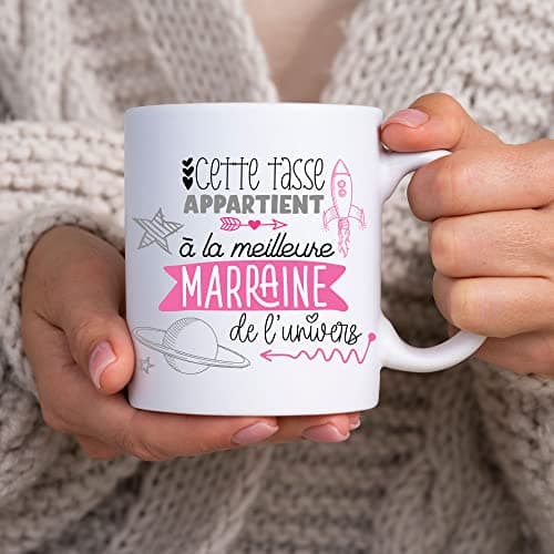 ÉNJA Création. Mug marraine/Tasse – La meilleure de l'univers Future marraine Cadeau anniversaire Cadeau original Céramique haute qualité 11oz 320ML (MARRAINE)