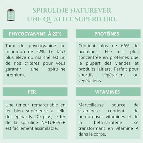 Spiruline - Naturever - Qualité supérieure, 100% pure et naturelle, sans excipients, séchée à froid, 22% de Phycocyanine, 550 cpr Vegan 500mg, Protéine, Fer, Antioxydants - Conditionnée en France