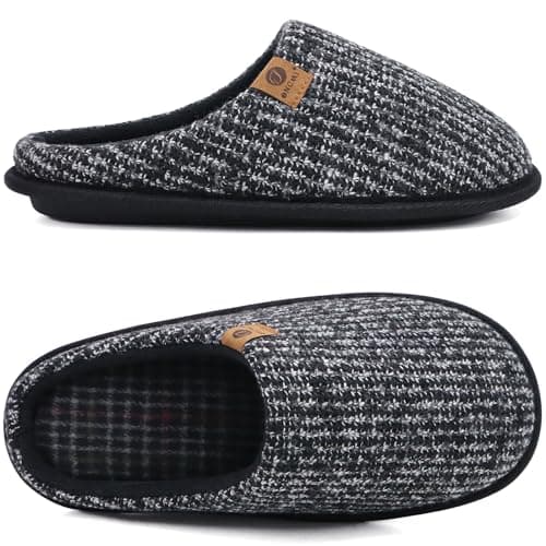 ONCAI Chaussons Homme Pantoufles à Rayures Hiver Chaussures Chaudes pour La Maison en Mousse à Mémoire de Forme, Laine en Peluche Doublée Avec Semelle en Caoutchouc Antidérapante Noir Taille 43