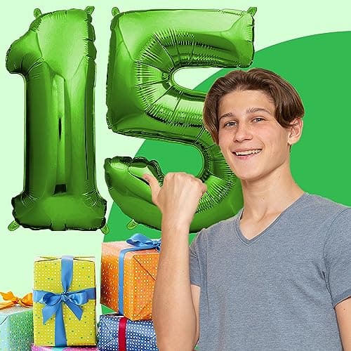 envami® Ballon Anniversaire 15 ans Vert - 101 CM Ballon Chiffre - Deco Kit Anniviersaire Garçon - Happy Birthday Decoration - Ballon Joyeux Anniversaire - Vole Grâce à l'Hèlium