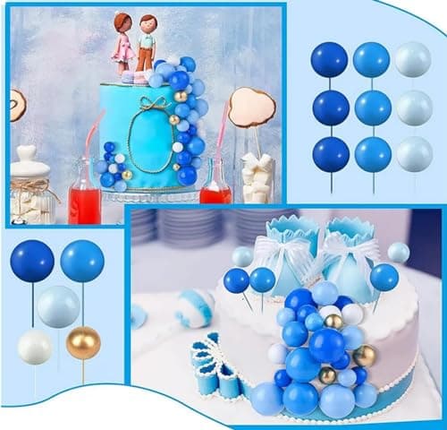 Lot de 36 décorations de gâteau en forme de boule en mousse pour gâteau de mariage, fête d'anniversaire (Dark blue+light blue+white+gold)