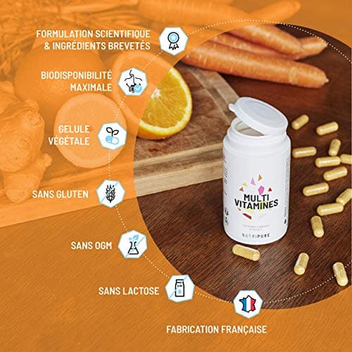 Nutripure | Multivitamines et Minéraux 21 Nutriments | Complément Alimentaire | Magnesium, Vitamine B12, Vitamine D, Zinc | Antioxydant, Cognitif, Vision | 60 gélules | 1 mois | Fabriqué en France
