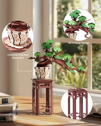 Rolife Evergreen Pine Bonsai 3D Puzzle Buchstützen aus Holz Modellbausätze Erwachsene 3D Holzpuzzle Basteln für Spielzeug DIY Kit für Kinder (Elegant Evergreen Pine Bonsai)