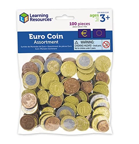 Learning Resources Kit de pièces en euros (jeu de 100), monnaie factice, billet factices, caisse enregistreuse enfants, maternelle ressources, marchande enfants, Montessori Spielzeug ab 3 Jahre