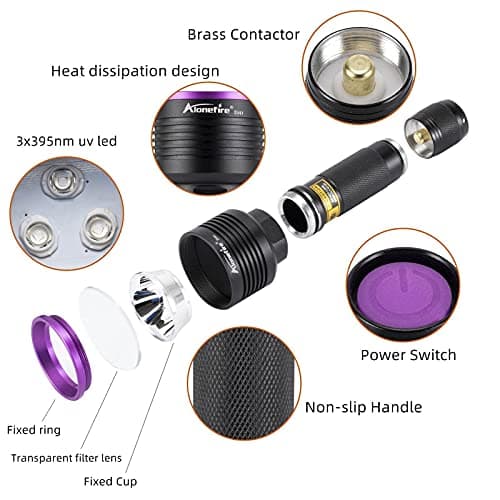 Alonefire SV41 10W Lampe Torche UV LED 395nm Rechargeable Lampe Ultraviolet Lumiere Noire Détecteur D'urine pour Resine, Pêche, Scorpion, Minéraux avec Lunettes de Protection UV, Chargeur, Batterie