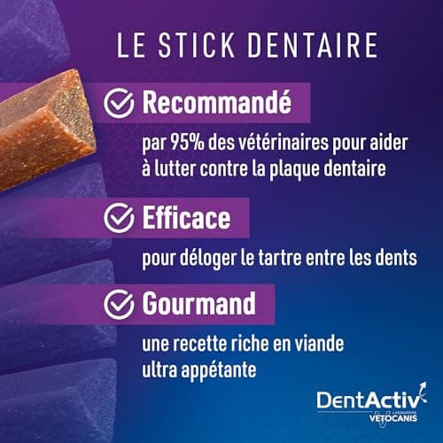 Vetocanis | Dentactiv | Stick Dentaire Chien | Friandises pour Chien Gourmandes | pour l'Hygiène et Santé du Chien | Riche en Viande | 85% de Boeuf | Recommandé par Les Vétérinaires | Chien 2 à 15 kg