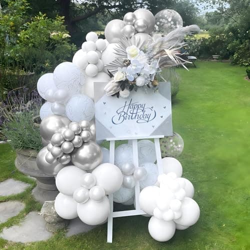 Kit d'Arche Guirlande Ballons Blanc Et Argenté, 116 Pièces Kit d'Arche Ballons Blanc Argenté Métallisé Avec Ballons Confettis Pour Femmes Filles Anniversaire Fête Prénatale Mariage Décoration