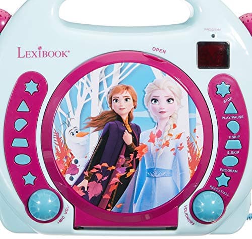 Lexibook Disney Frozen La Reine des Neiges Elsa Lecteur CD pour enfant avec 2 microphones jouets, prise écouteurs, à piles, Bleu/Blanc, RCDK100FZ