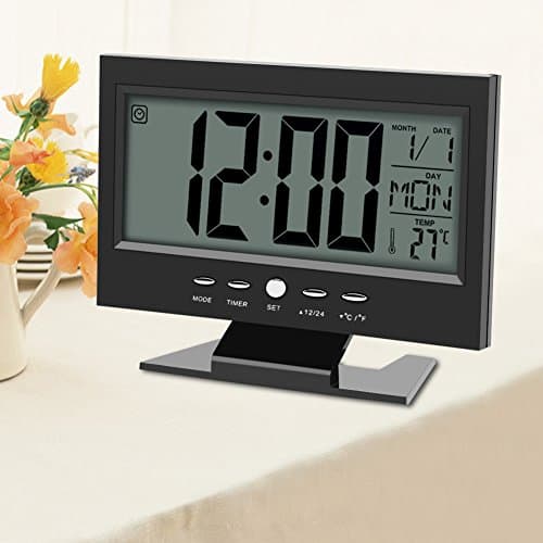 Zerodis Horloge Numérique Calendrier Réveil de Bureau avec La Veilleuse Intelligente et l'Heure de Snooze/Date/Temps (Noir)