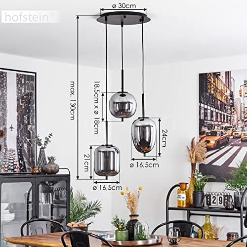 Suspension Verbania en verre chromé et métal noir, élégante lampe pendante moderne idéale dans un salon contemporain, hauteur max. 128 cm, pour 3 ampoules E14, ampoule(s) non incluse(s)