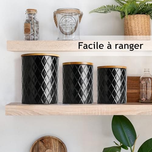 MIAMIO - Set de 3 boîtes de conserve pour le comptoir de cuisine, boîte de conserve en céramique avec couvercle en bois hermétique - parfait pour le café, le thé, le sucre, la farine, le thé (Noir)