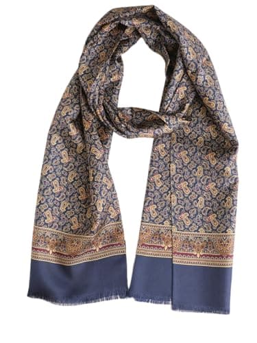 Prettystern Hommes long élégant 2 couches classique business festif pure soie écharpe franges courtes bleu Paisley AB04