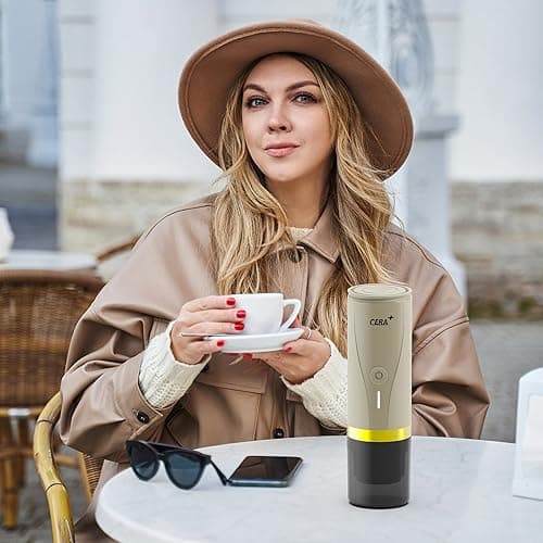 CERA+ Machine à expresso électrique portable auto-chauffante en 3-4 minutes, mini machine à café 20 bars avec batterie rechargeable, compatible avec capsules NS et café moulu pour les voyages-crème