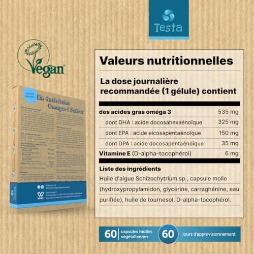Omega 3 Vegan - Huile d'Algue haute concentration - 325mg DHA + 150mg EPA par capsule - Bénéfique pour le Cœur, le Cerveau et les Yeux - 100% Végétal - 60 capsules (2 Mois)