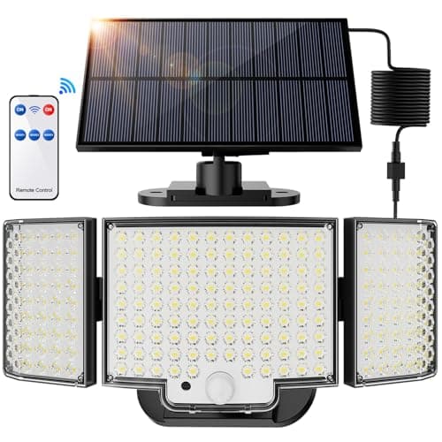 SIGRILL Lampe Solaire Exterieur Detecteur de Mouvement, 212 LED Lumière Solaire Extérieure avec Télécommande, Projecteur Solaire avec Éclairage à 340°, IP65 Étanche (1 Pièce - Lumière Froide)