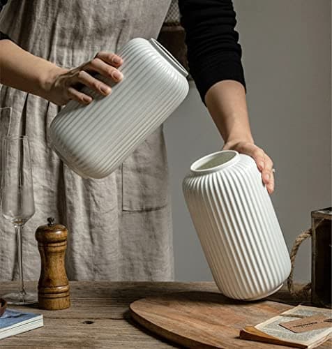 Hauteur 20 cm Vase Côtelé en Ceramique Blanc pour Pampa, Vases Decoratif pour Centre de Table Decoration
