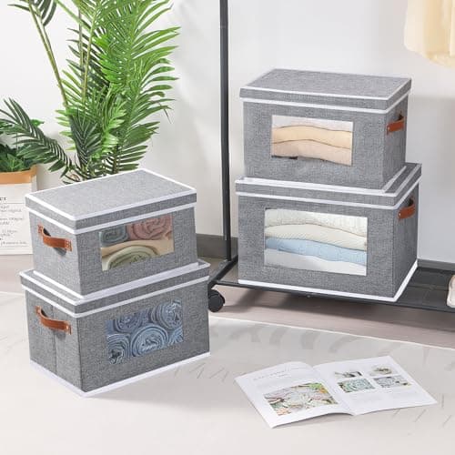 OUTBROS Boîte de Rangement, 33x23x20 cm Boîte avec Couvercle, avec Fenêtre Transparente, Panier en Tissu Pliable, Armoire Panier de Rangement, Gris, Paquet de 1