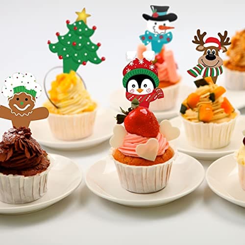 96 Pièces Décoration de Gâteau de Noël,Deco Gateau Noel,Sapin de Noël Gingerbread Men Père Noël Bonhomme de Neige Renne Elfe Pingouin Guirlande de Noël Décorations de Gâteaux de Noël,Cupcake Toppers