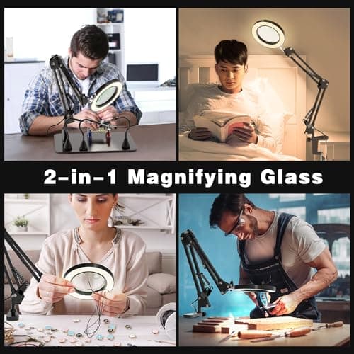 Jubor 10X & 15X Loupe avec Lumière et Support, Aide Magnétique à Souder Main Secourable, Troisième Main Loupe à Souder avec 3 Modes de Couleur Gradable, Lampe Loupe pour Bricolage, Soudage, Loisirs