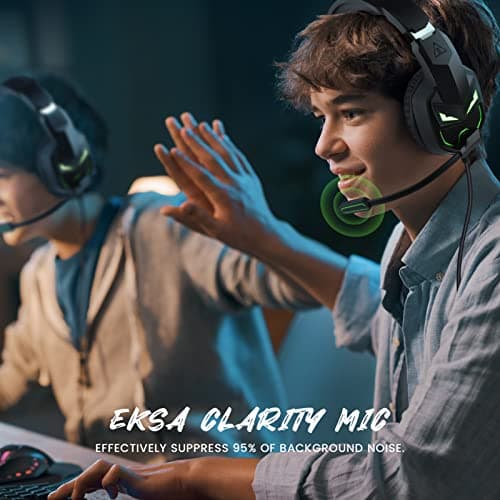 EKSA Fenrir Casque Gaming à Réduction de Bruit avec Micro pour Xbox One PC PS4 PS5 Switch avec Lumière LED, 3D Stéréo Surround Casque Audio pour Prise 3,5MM, Noir Vert