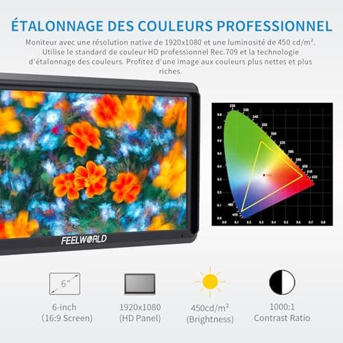 Feelworld S55 V3 6 Pouces sur Caméra Moniteur DSLR Camera Field Monitor Small Full HD 1920x1080 IPS Peaking Focus Video Assist avec 4K HDMI 8.4V DC Input Output Livré avec Batterie et Sac,Tilt Arm