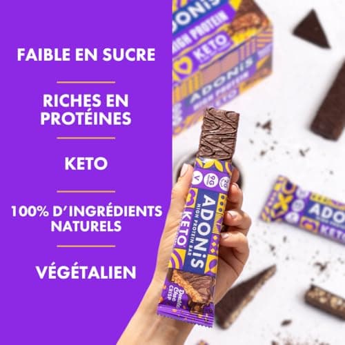 Barres Adonis Keto Riches en Protéines aux Double Chocolat (16 Barres de 45g) | Végétalien et Keto l 100% Naturel l Sans Sucre, Sans Lactose Faible, Keto Snacks