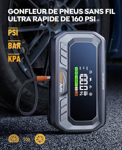 Booster Batterie Voiture avec Compresseur 6000A 160PSI YaberAuto Booster Batterie Moto avec 65W Charge Rapide (Tous Gaz/12,0L Diesel),Démarreur avec Gonfleur,Câble Rallongé,Grand Écran et Lumière LED