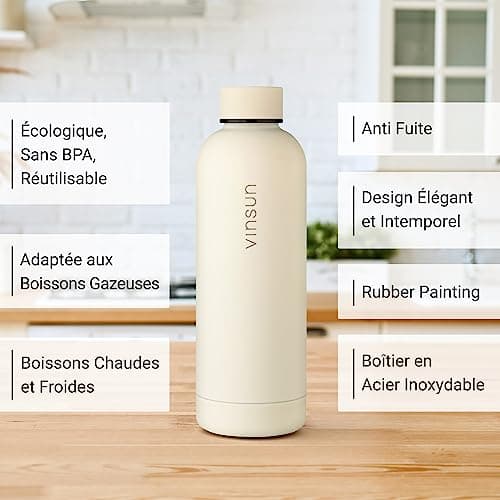 Vinsun Gourde Isotherme 500ml blanc crème - Bouteille d'eau Inox - Étanche, sans BPA, Reutilisable - Bouteille Thermo pour Sport, Randonnee, Velo, Voyage, École