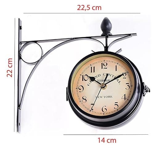 Retoo Horloge de gare double face - Résistante aux intempéries - Horloge murale rétro double face - Noir - Fer rétro - Horloge murale décorative avec support - Horloge d'extérieur vintage