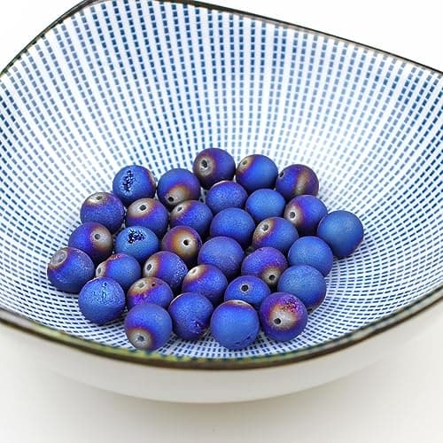 MJDCB 10mm 35 pièces Géode Agate Bleu Perle Pierre Naturelle Ronde en Vrac Perles Semi Precieuse pour Fabrication de Bijoux de Bracelets et de Colliers