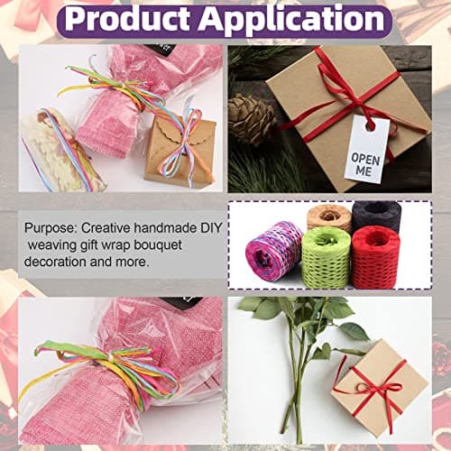 Swpeet 1 rouleau de ruban en raphia rouge rose de 200 m avec kit d'assortiment de ciseaux, ficelle de raphia naturelle pour cadeaux, fournitures de bricolage, bouquets de fleurs