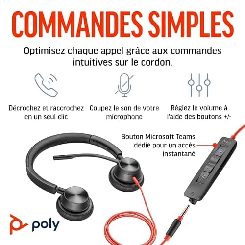 Micro-casque filaire Poly Blackwire 3325 – Perche de microphone flexible – Son stéréo hi-fi - PC/Mac/téléphone portable - Certifié pour Microsoft Teams