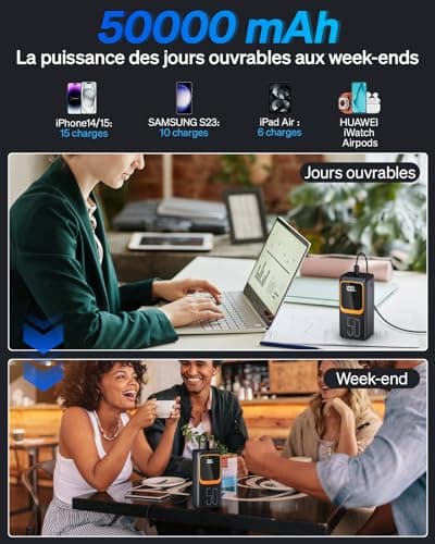 Power Bank de 50000 mAh avec câble intégré : Batterie Externe de Charge Rapide de 22,5 W avec Grande capacité, Chargeur Portable avec Lampe de Poche LED et 7 Sorties et 3 entrées-Noir with