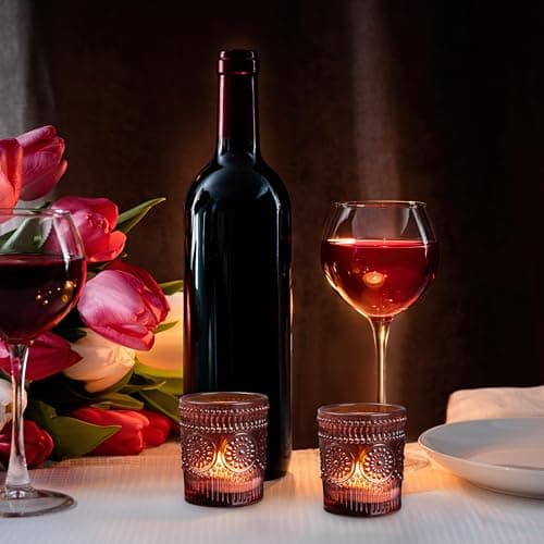 Winter Shore Bougeoir Verre Rond avec Bougies [Lot de 12] - Photophore Verre Ambré avec Design Floral Embossé - Photophore Mariage d'automne, Décoration de Table, Centres de Table Bohème